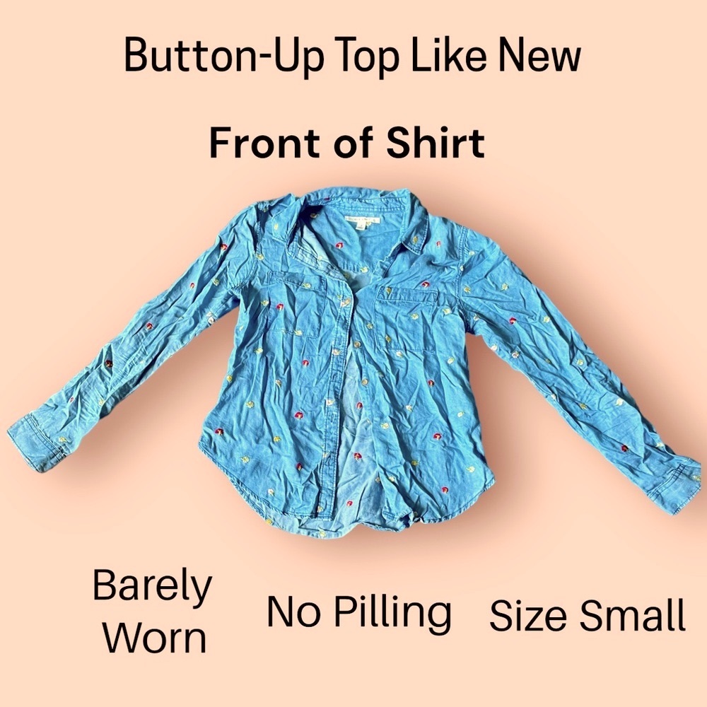 Miami Button-up Top Blue Denim with Flower Embroidery Size Small